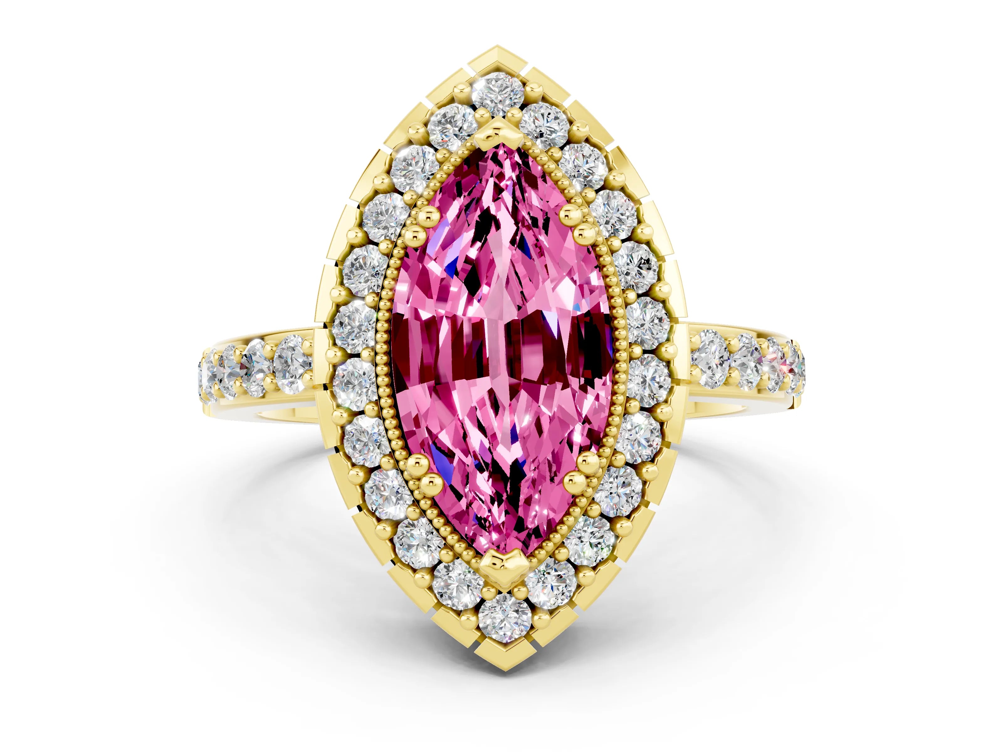 Yellow gold Marquise Cut Diamond Halo Ring with Pavé Band and Prong Setting