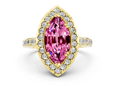 Yellow gold Marquise Cut Diamond Halo Ring with Pavé Band and Prong Setting