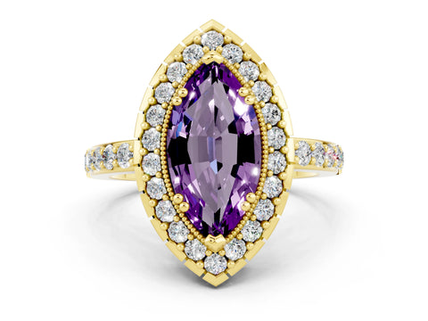 Yellow gold Marquise Cut Diamond Halo Ring with Pavé Band and Prong Setting