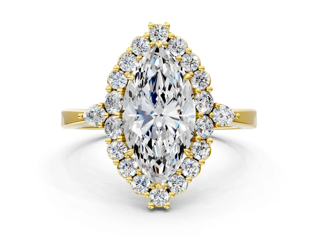 Yellow gold Marquise Cut Diamond Halo Ring with Pear Side Stones and Prong Setting_56