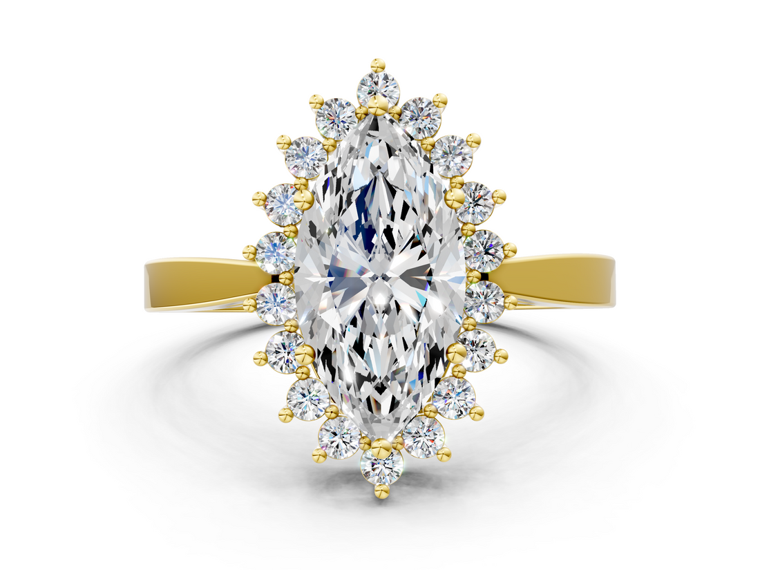 Yellow gold Marquise Cut Diamond Halo Ring with Round Brilliant Halo and Solitaire Band_104