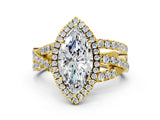 Yellow gold Marquise Cut Diamond Halo Ring with Round Split Shank and Prong Setting_36