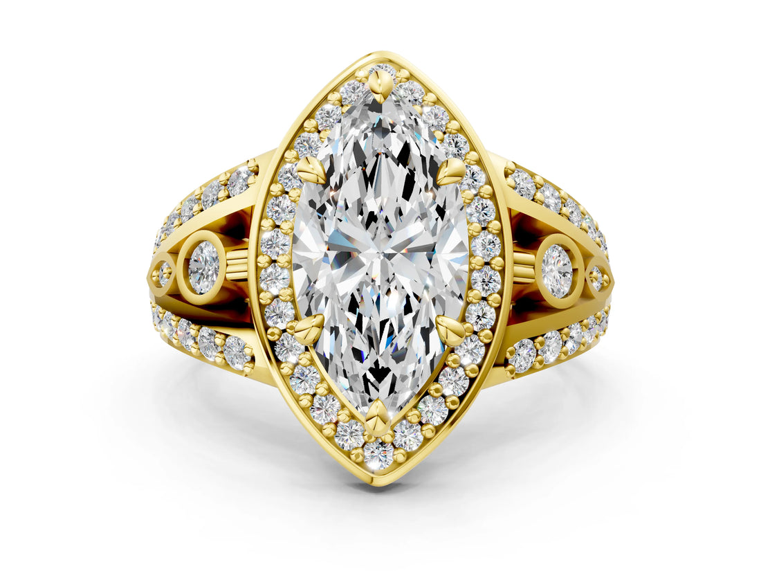Yellow gold Marquise Cut Diamond Halo Ring with Split Shank and Bezel Accents and Four-Prong Setting_13