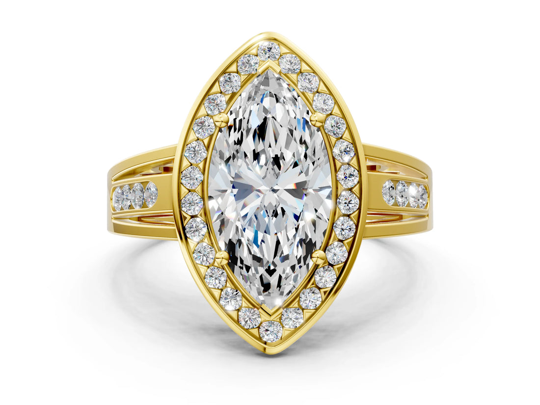 Yellow gold Marquise Cut Diamond Halo Ring with Split Shank and Bezel Accents and Prong Setting_10