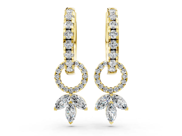 Yellow gold Round and Marquise Diamond Huggie Drop Earrings