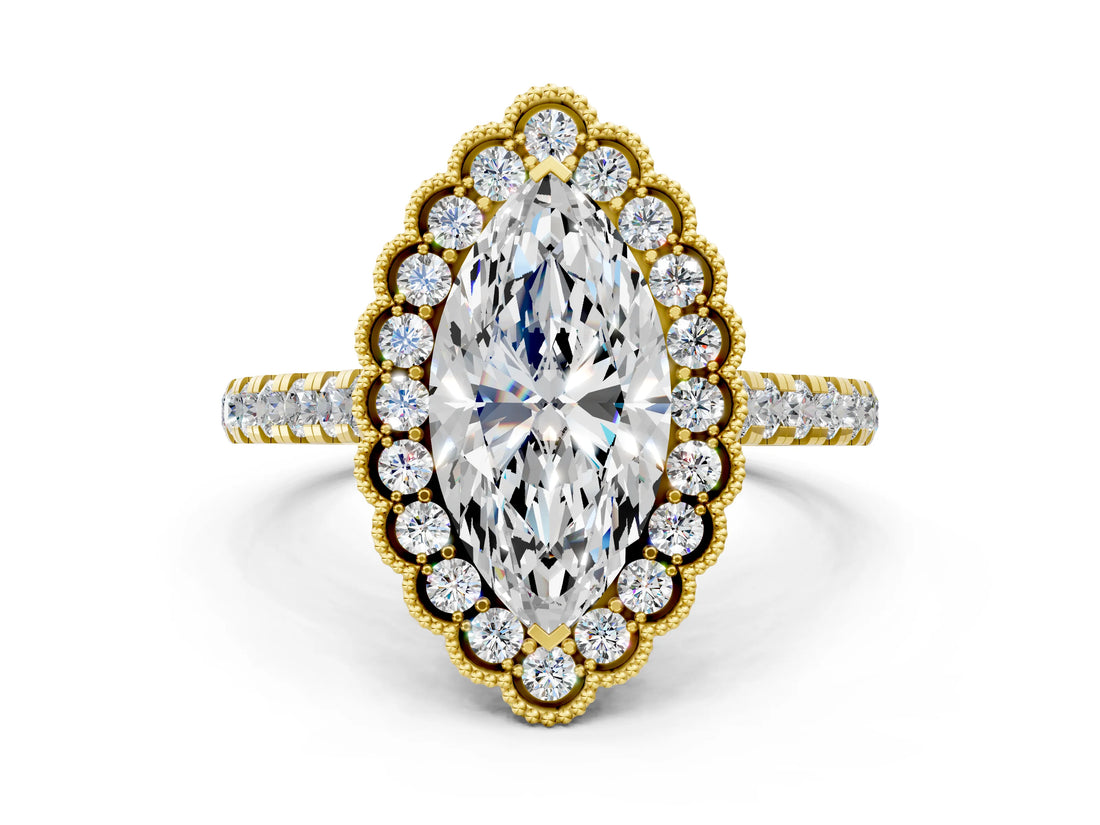 Yellow gold Marquise Cut Diamond Milgrain Floral Halo Engagement Ring with Pavé Band_21