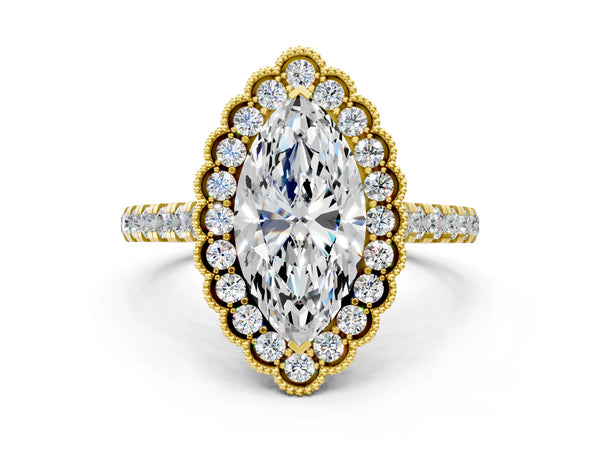 Yellow gold Marquise Cut Diamond Milgrain Floral Halo Engagement Ring with Pavé Band