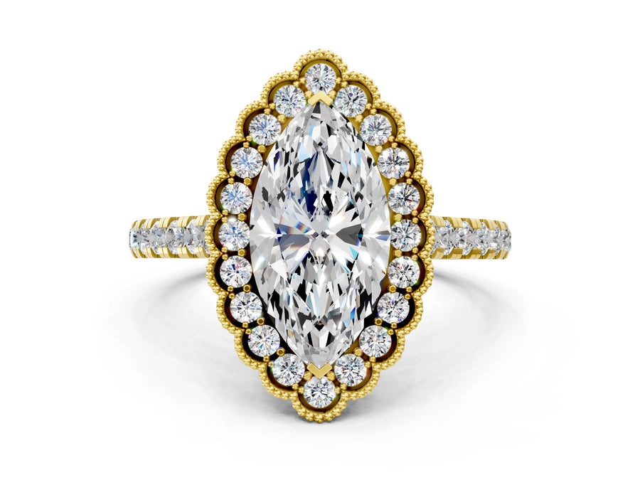 Yellow gold Marquise Cut Diamond Milgrain Floral Halo Engagement Ring with Pavé Band