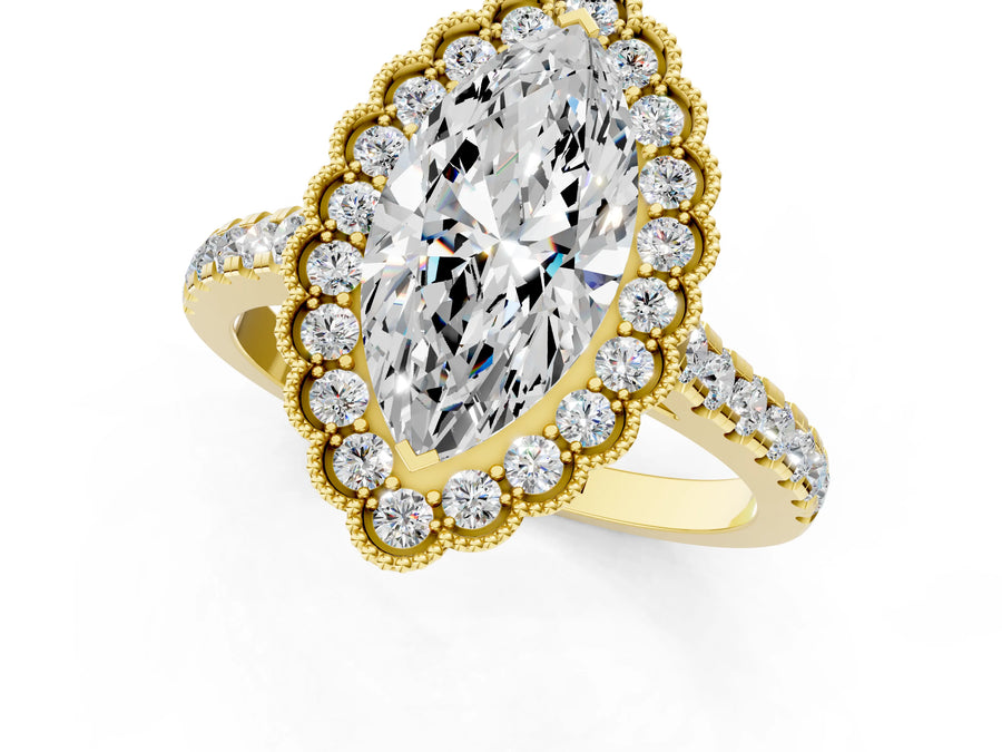 Yellow gold Marquise Cut Diamond Milgrain Floral Halo Engagement Ring with Pavé Band
