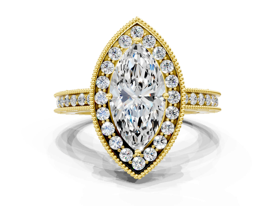 Yellow gold Marquise Cut Diamond Milgrain Halo Engagement Ring with Round Pavé Band and Prong Setting_12