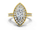 Yellow gold Marquise Cut Diamond Milgrain Halo Engagement Ring with Round Pavé Band and Prong Setting_12