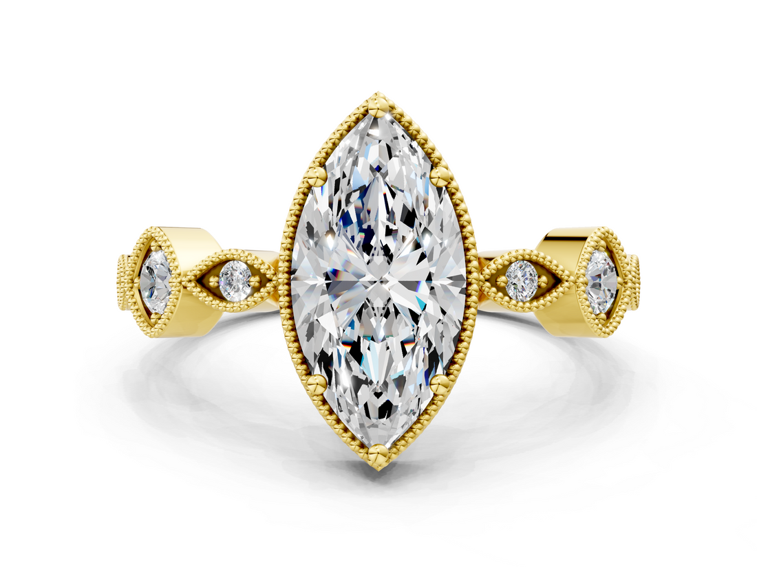 Yellow gold Marquise Cut Diamond Milgrain Marquise Band with Prong Setting_3