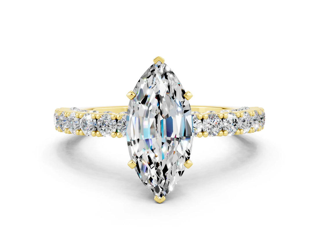 Yellow gold Marquise Cut Diamond Pavé Band Solitaire Ring with Prong Setting