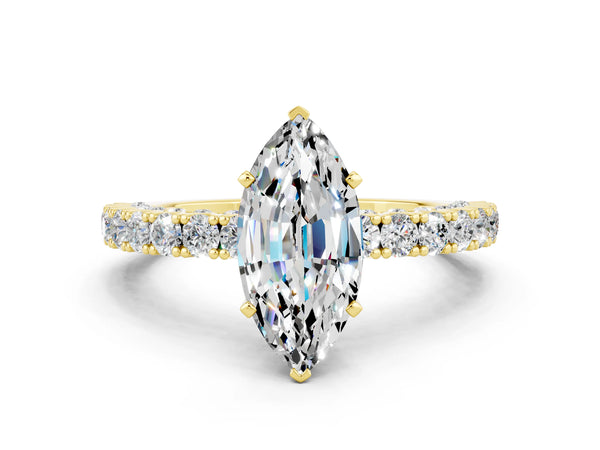 Yellow gold Marquise Cut Diamond Pavé Band Solitaire Ring with Prong Setting
