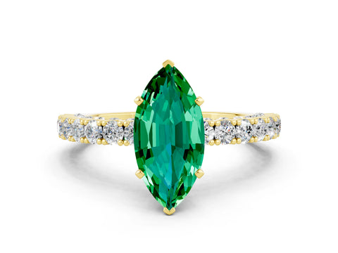 Yellow gold Marquise Cut Diamond Pavé Band Solitaire Ring with Prong Setting