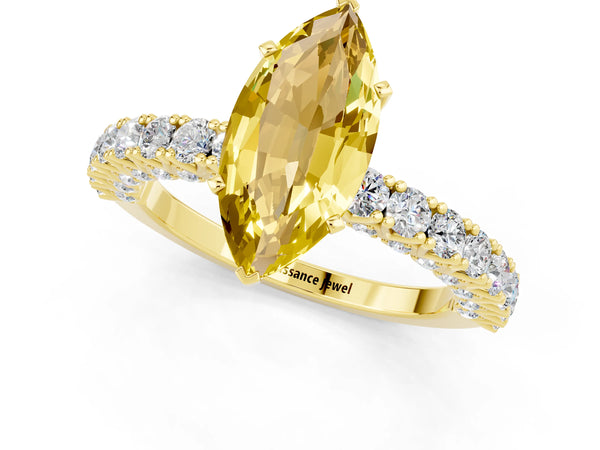 Yellow gold Marquise Cut Diamond Pavé Band Solitaire Ring with Prong Setting