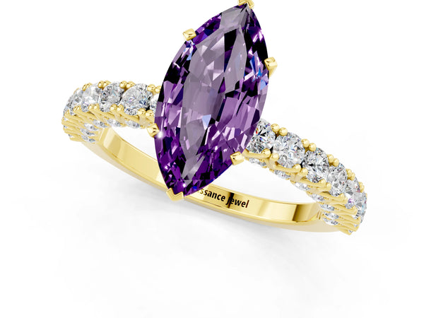 Yellow gold Marquise Cut Amethyst Solitaire Ring with Round Accent Pavé Band and Prong Setting