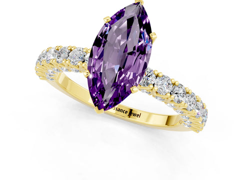 Yellow gold Marquise Cut Diamond Pavé Band Solitaire Ring with Prong Setting_1