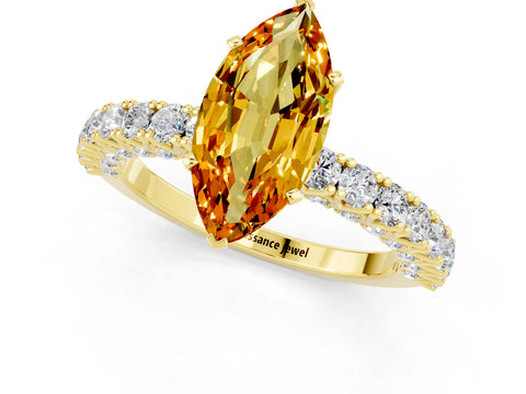 Yellow gold Marquise Cut Diamond Pavé Band Solitaire Ring with Prong Setting_1