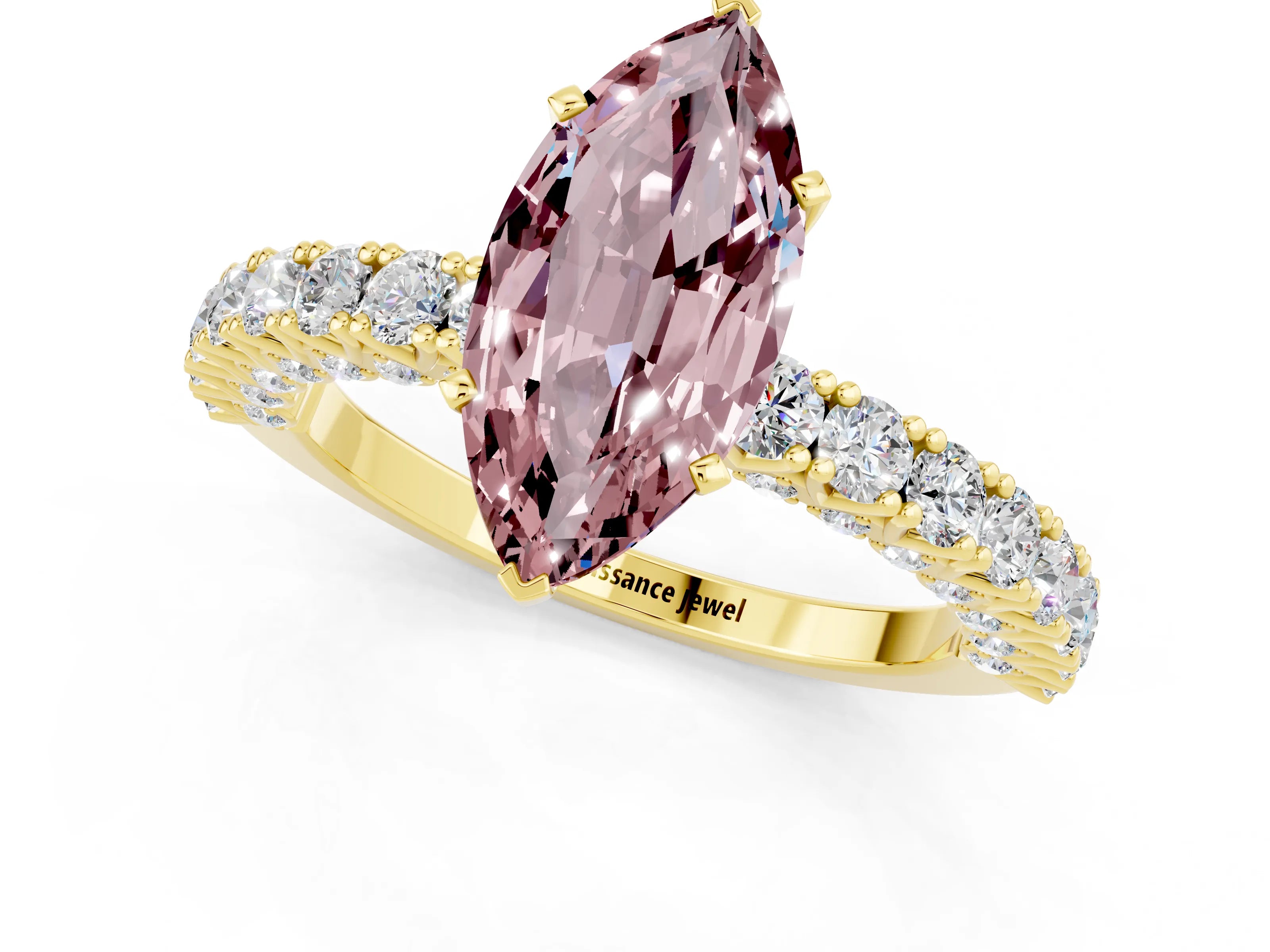 Yellow gold Marquise Cut Diamond Pavé Band Solitaire Ring with Prong Setting_1