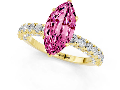 Yellow gold Marquise Cut Diamond Pavé Band Solitaire Ring with Prong Setting_1