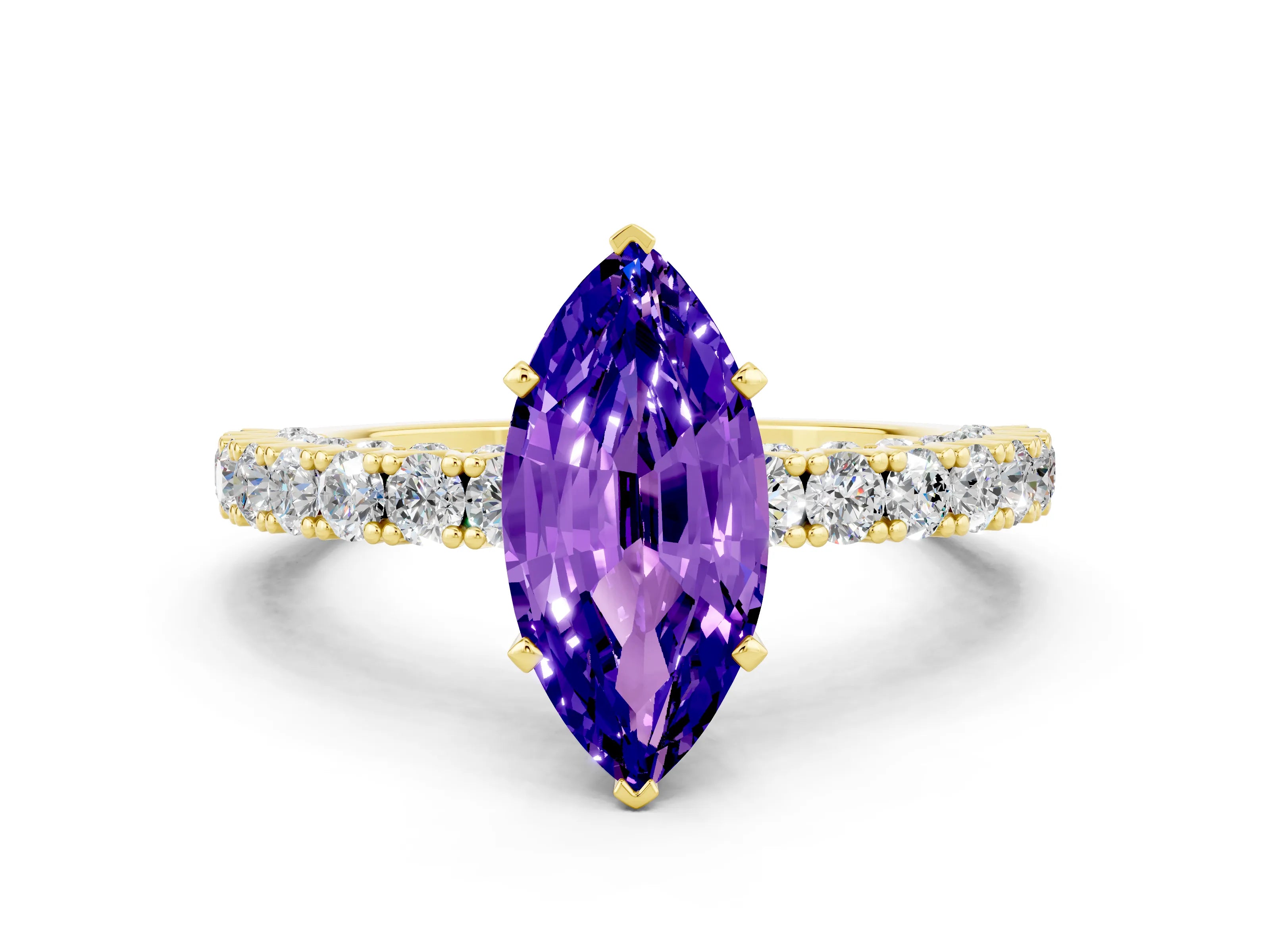 Yellow gold Marquise Cut Diamond Pavé Band Solitaire Ring with Prong Setting