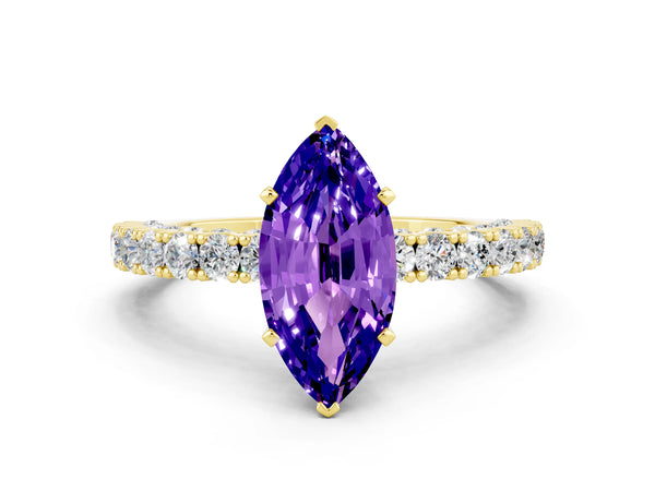 Yellow gold Marquise Cut Diamond Pavé Band Solitaire Ring with Prong Setting