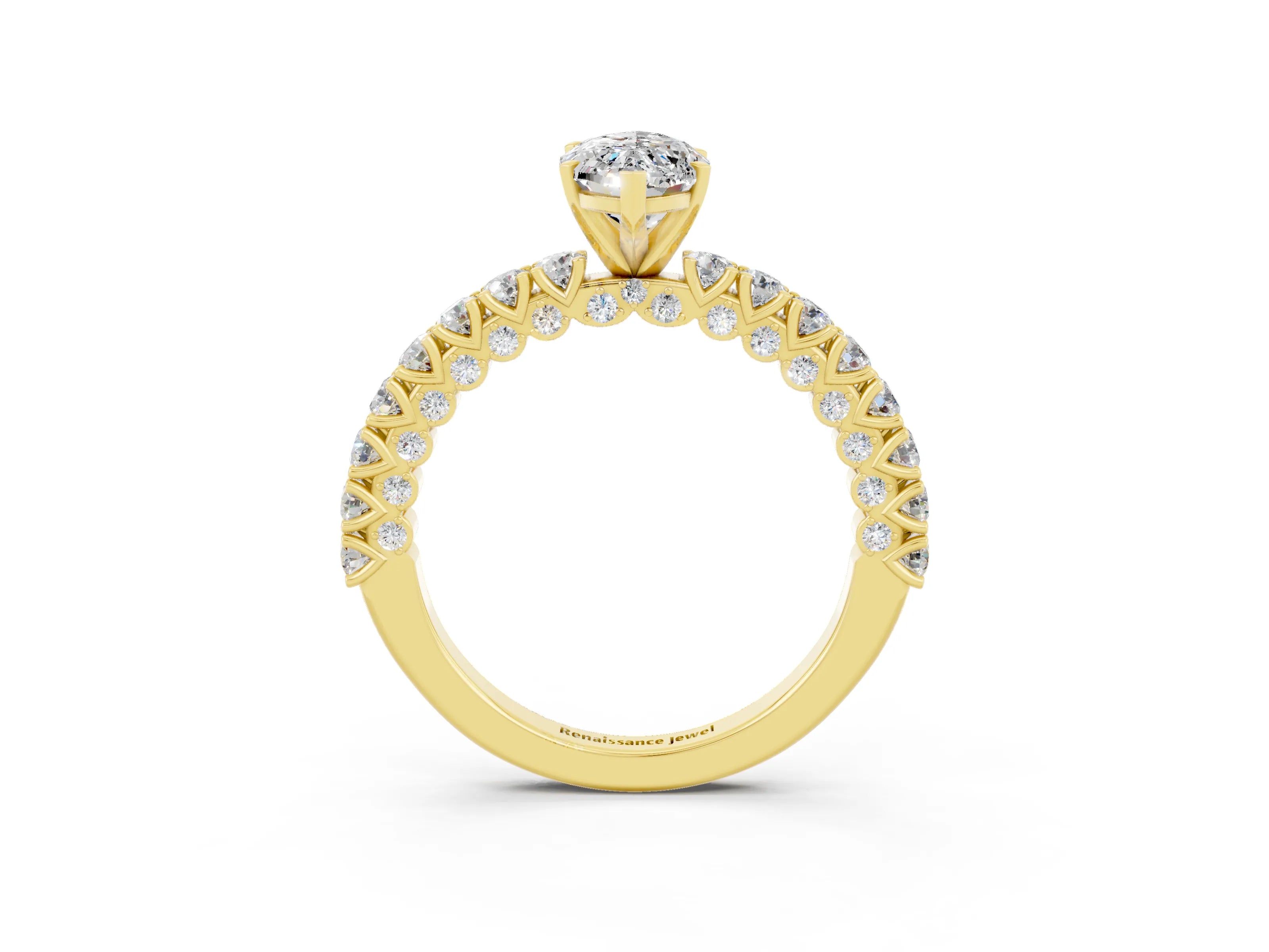 Yellow gold Marquise Cut Diamond Pavé Band Solitaire Ring with Prong Setting_3