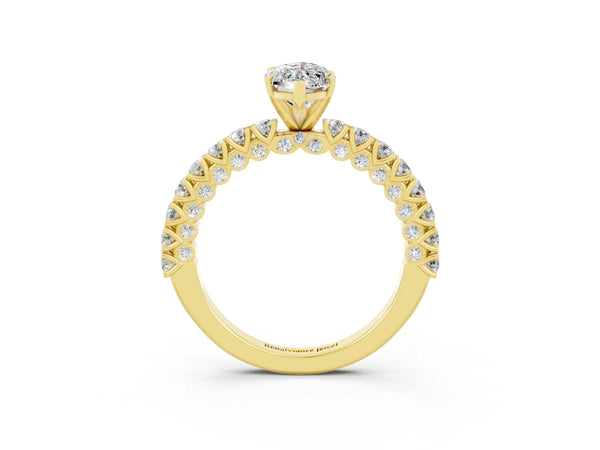 Yellow gold Marquise Cut Diamond Pavé Band Solitaire Ring with Prong Setting