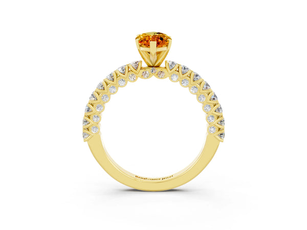 Yellow gold Marquise Cut Diamond Pavé Band Solitaire Ring with Prong Setting