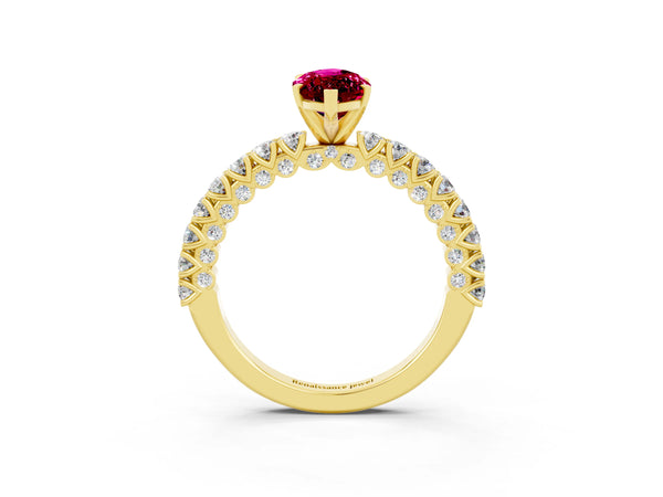 Yellow gold Marquise Cut Diamond Pavé Band Solitaire Ring with Prong Setting