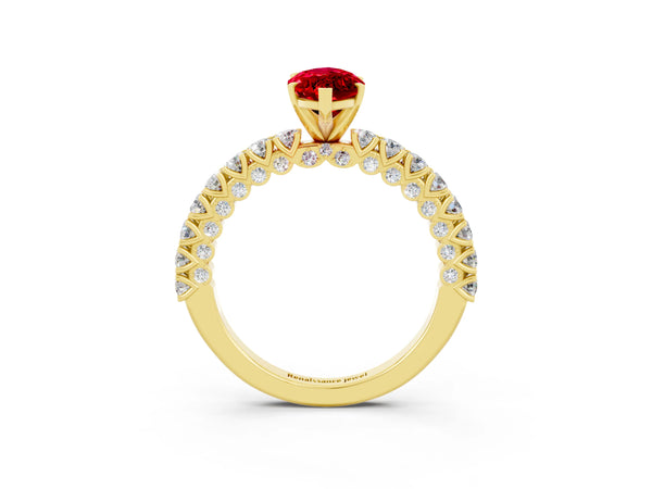 Yellow gold Marquise Cut Diamond Pavé Band Solitaire Ring with Prong Setting