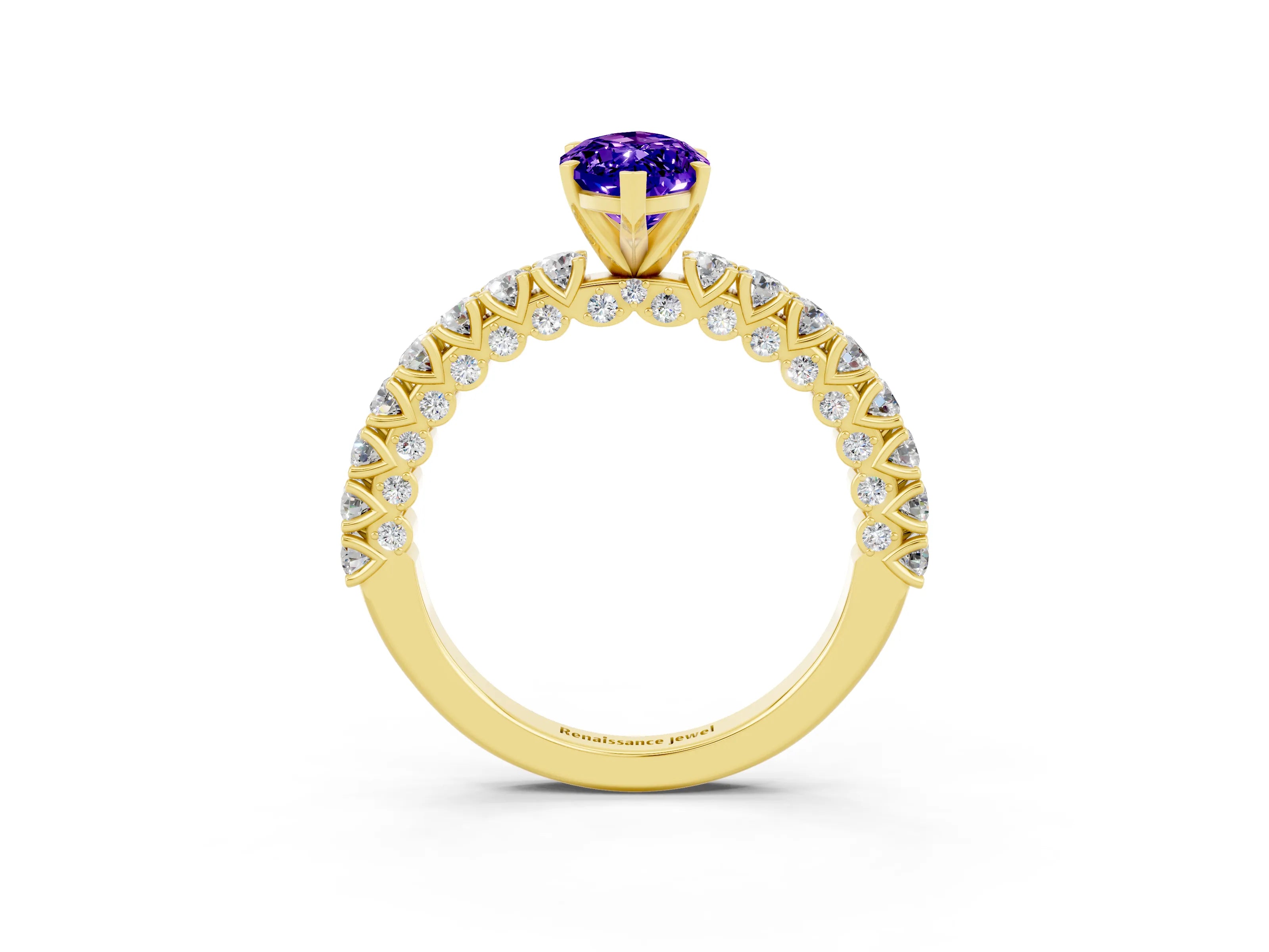 Yellow gold Marquise Cut Diamond Pavé Band Solitaire Ring with Prong Setting_3