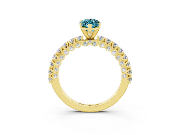 Yellow gold Marquise Cut Diamond Pavé Band Solitaire Ring with Prong Setting