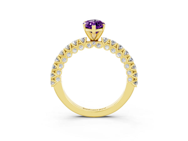 Yellow gold Marquise Cut Amethyst Solitaire Ring with Round Accent Pavé Band and Prong Setting