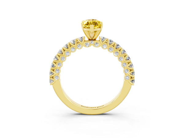 Yellow gold Marquise Cut Diamond Pavé Band Solitaire Ring with Prong Setting