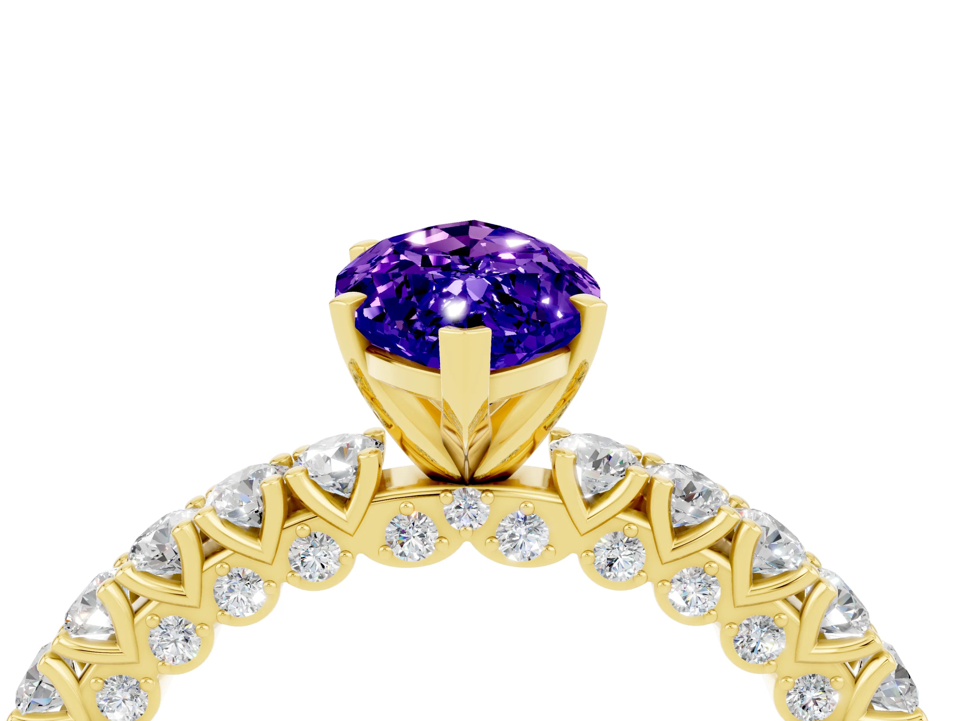 Yellow gold Marquise Cut Diamond Pavé Band Solitaire Ring with Prong Setting_4