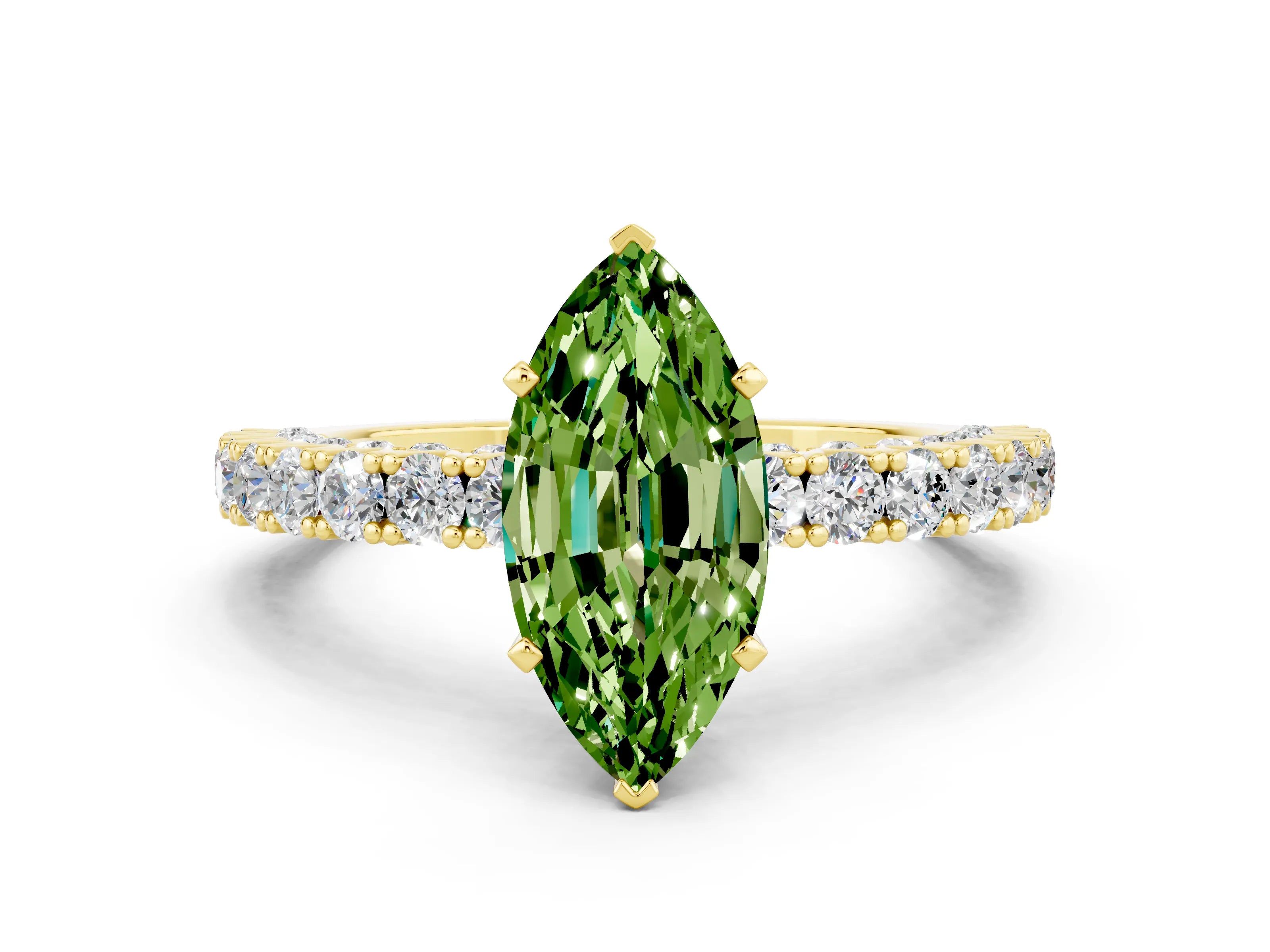 Yellow gold Marquise Cut Diamond Pavé Band Solitaire Ring with Prong Setting