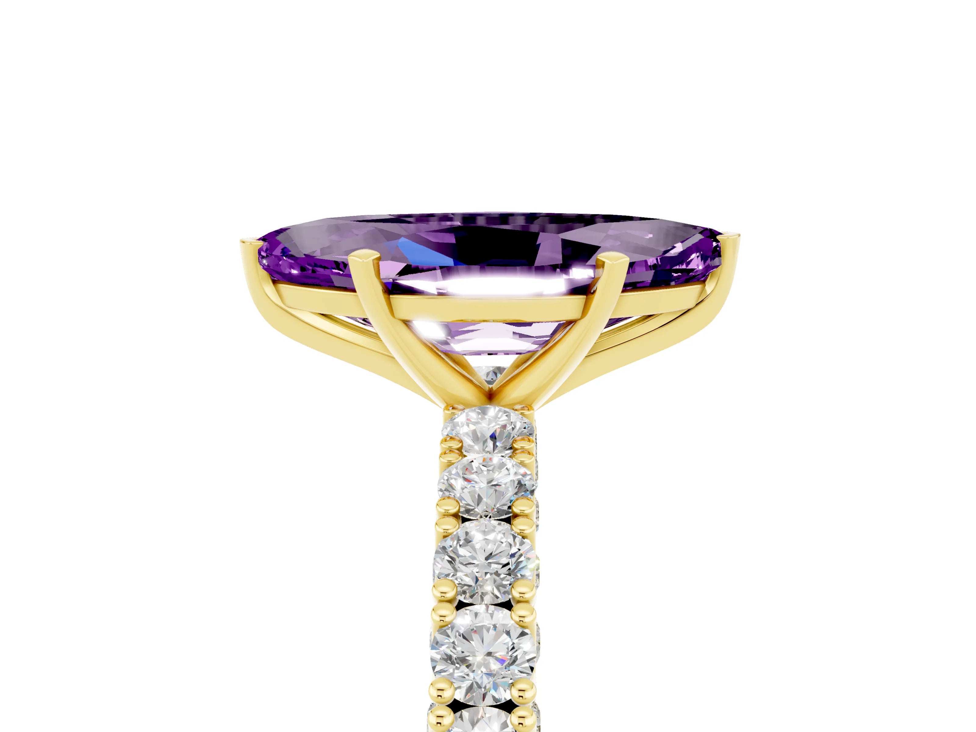 Yellow gold Marquise Cut Diamond Pavé Band Solitaire Ring with Prong Setting_5