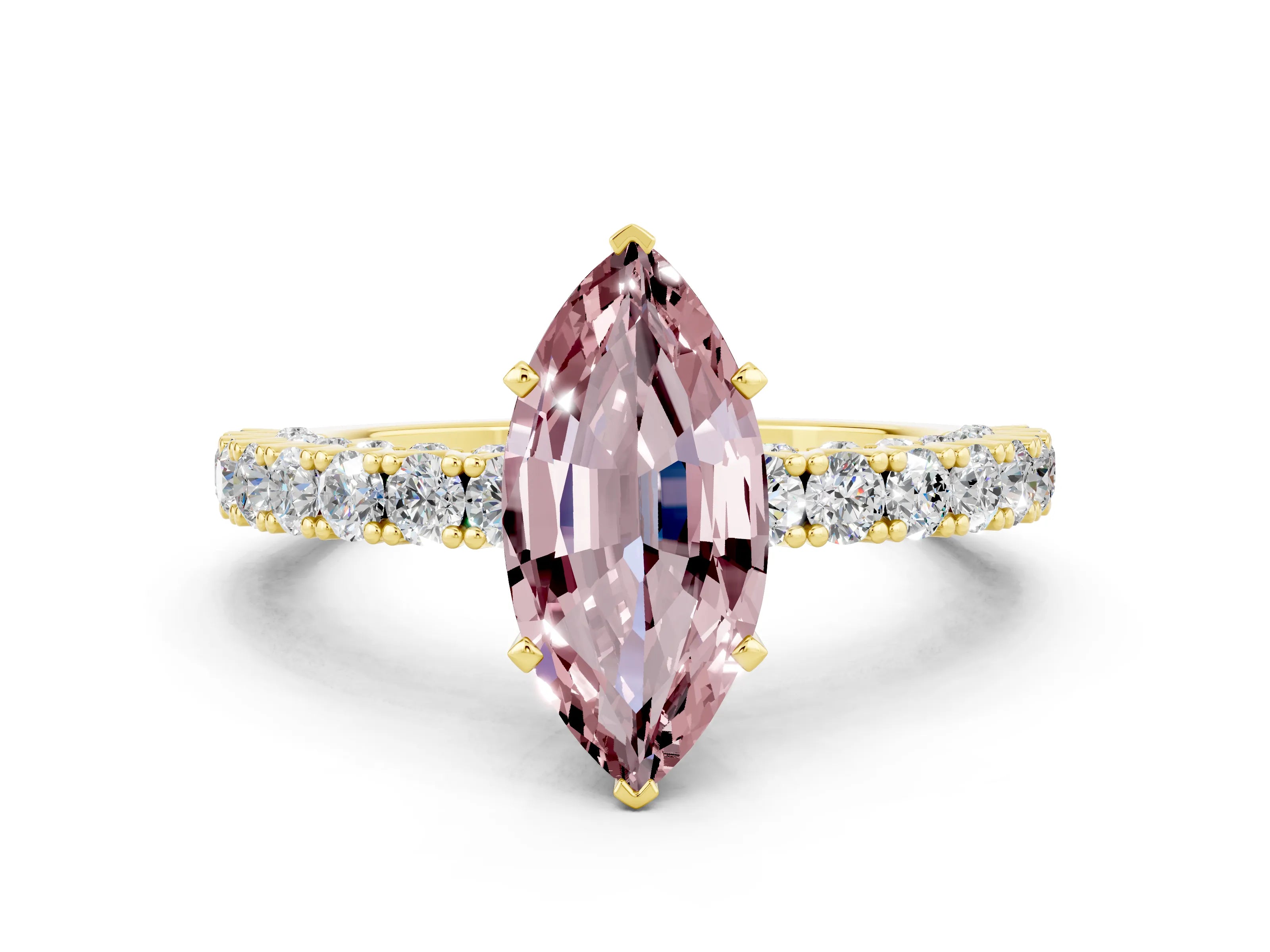 Yellow gold Marquise Cut Diamond Pavé Band Solitaire Ring with Prong Setting