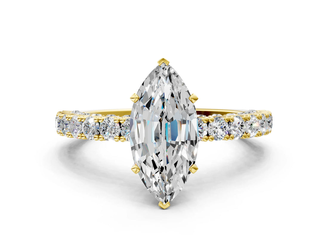 Yellow gold Marquise Cut Diamond Pavé Band Solitaire Ring with Prong Setting_85