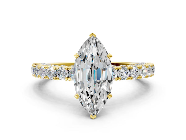 Yellow Gold Marquise Solitaire Engagement Ring Setting with Two-Row Round Accent Band