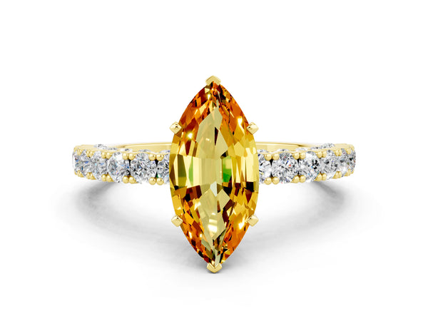 Yellow gold Marquise Cut Diamond Pavé Band Solitaire Ring with Prong Setting