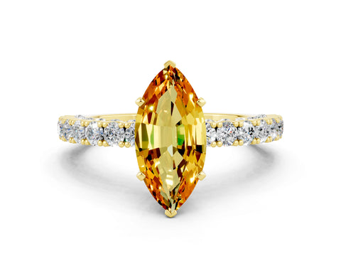 Yellow gold Marquise Cut Diamond Pavé Band Solitaire Ring with Prong Setting
