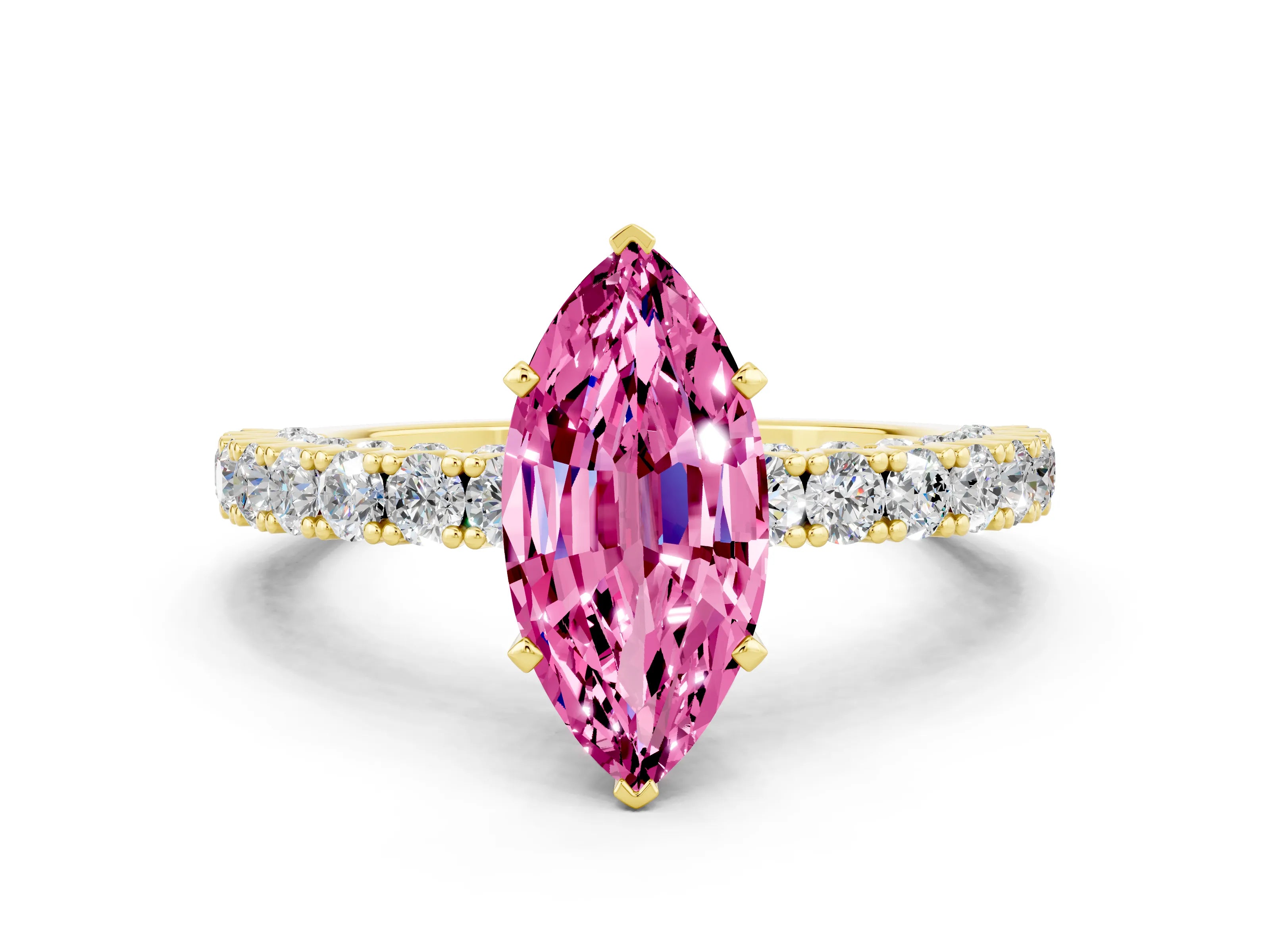 Yellow gold Marquise Cut Diamond Pavé Band Solitaire Ring with Prong Setting