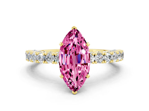 Yellow gold Marquise Cut Diamond Pavé Band Solitaire Ring with Prong Setting