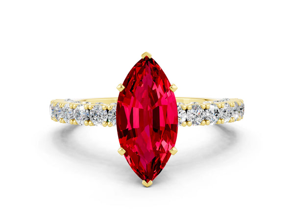 Yellow gold Marquise Cut Diamond Pavé Band Solitaire Ring with Prong Setting
