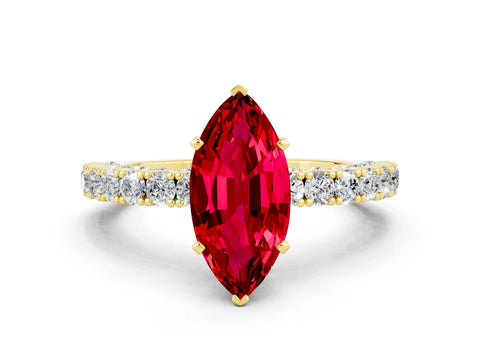 Yellow gold Marquise Cut Diamond Pavé Band Solitaire Ring with Prong Setting