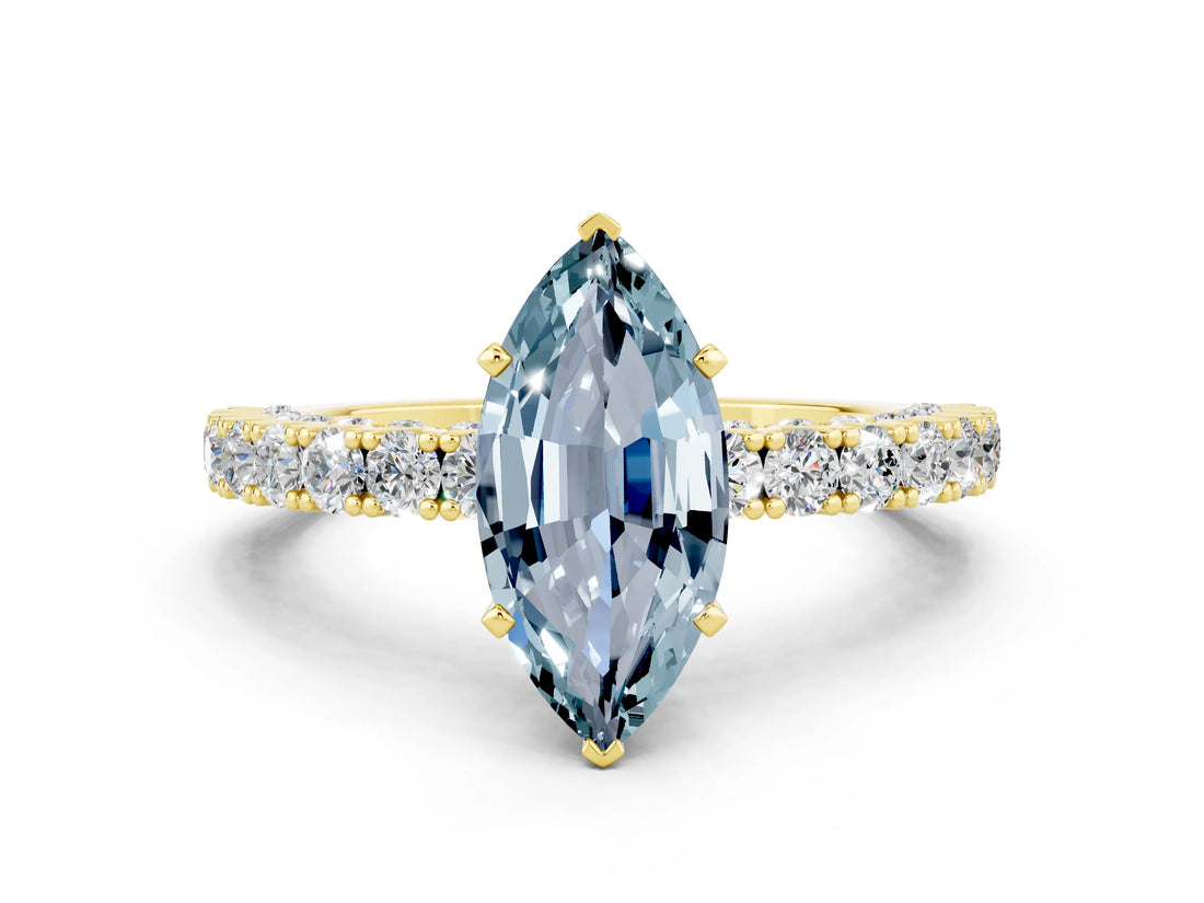 Yellow gold Marquise Cut Diamond Pavé Band Solitaire Ring with Prong Setting