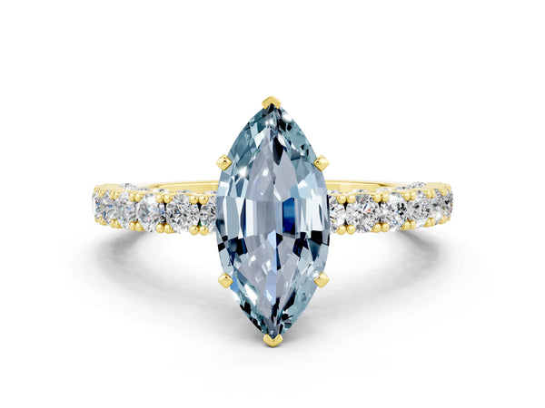 Yellow gold Marquise Cut Diamond Pavé Band Solitaire Ring with Prong Setting